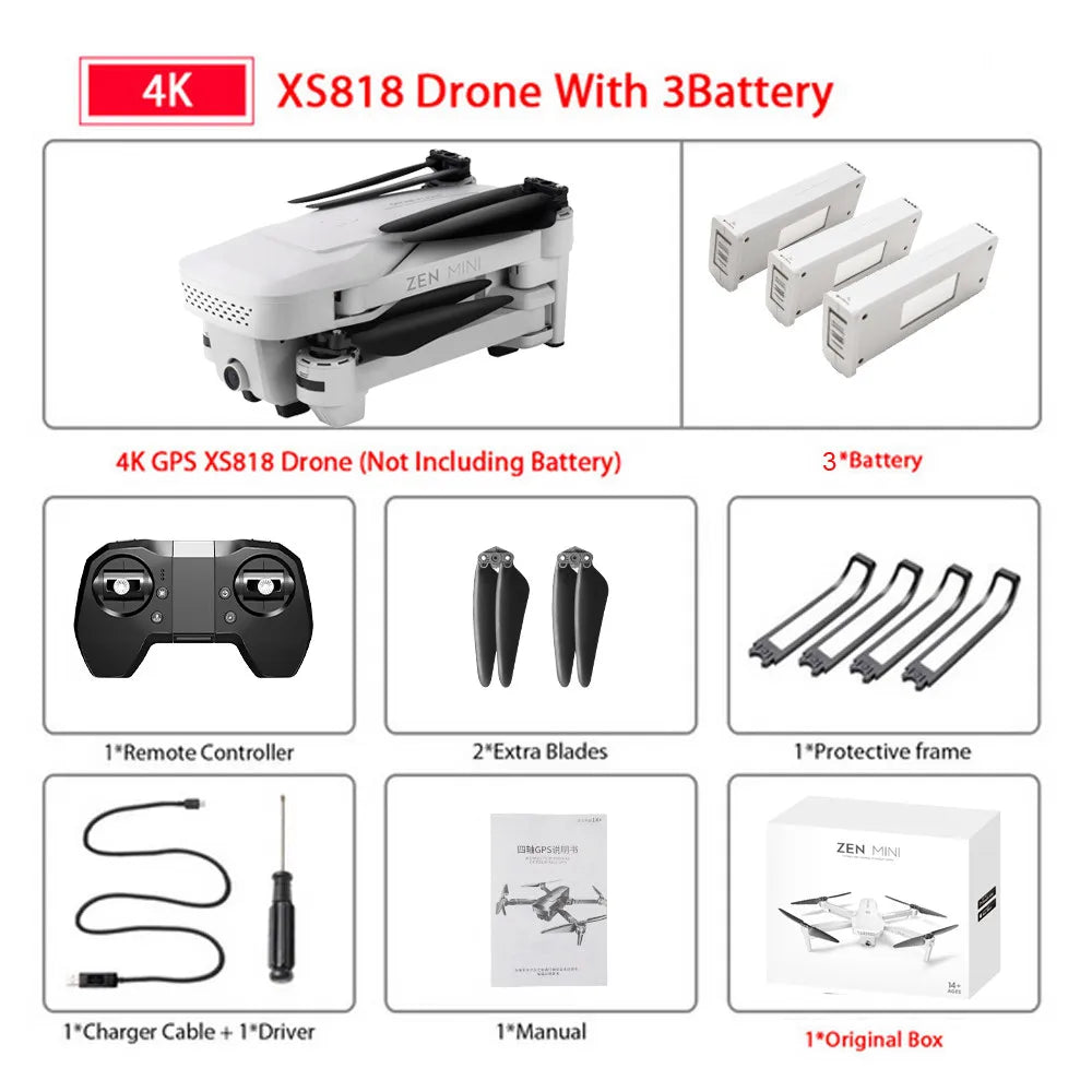 Visuo XS818 GPS Drone - 1800mAh 5G Wifi FPV 4K HD Dual Camera Optical-Flow RC Quadcopter Drones Professional Camera Drone 14 Visuo XS818 GPS Drone, ZEN MINI 1"Charger Cable 1"Driver 1"Manual 1"O