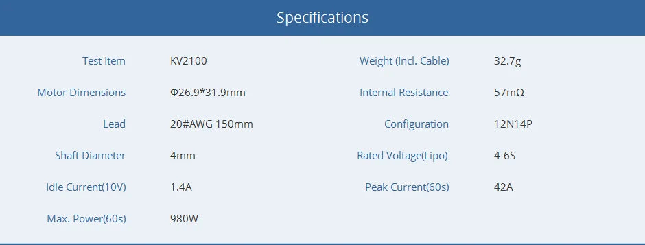 T-motor, Specifications Test Item KV21OO Weight (Incl: Cable) 32.7