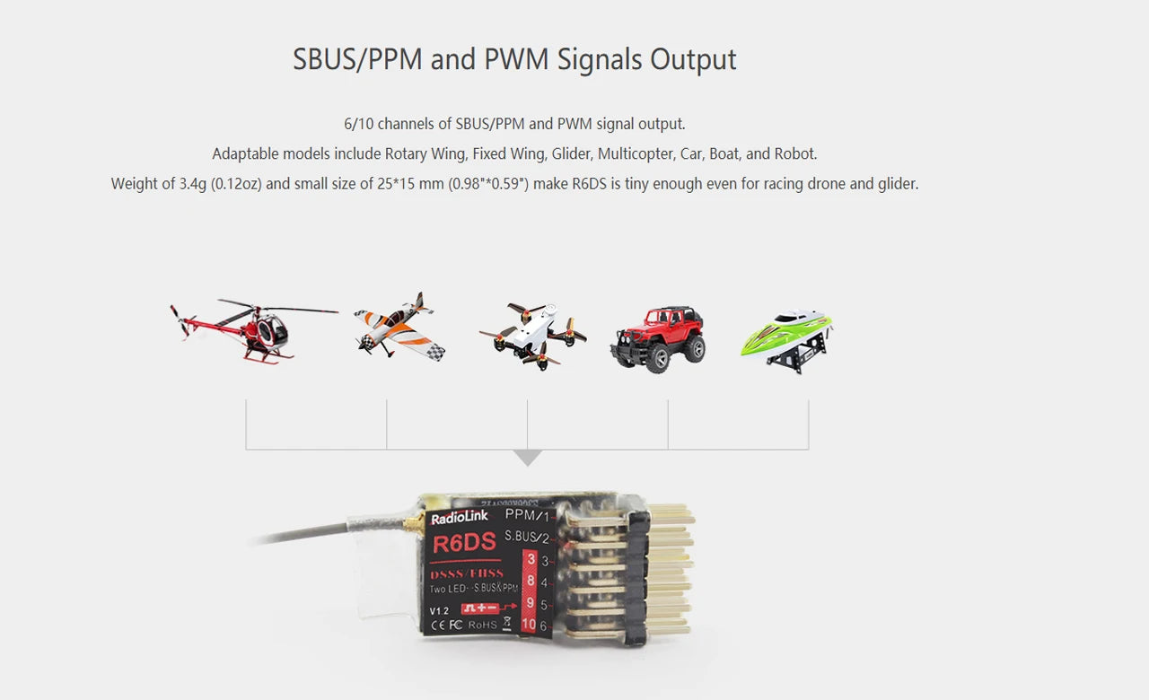 Radiolink mini osd R12DSM R9DS R8FM R8EF R8FM R6DSM R6FG R8SM R7FG SUI04 Rc Receiver 2.4G Signal for RC Transmitter 28 Adaptable models include Rotary Wing; Fixed Wing; Glider; Multicopter;