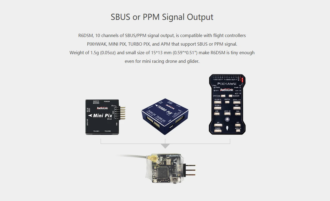 Radiolink mini osd R12DSM R9DS R8FM R8EF R8FM R6DSM R6FG R8SM R7FG SUI04 Rc Receiver 2.4G Signal for RC Transmitter 33 RGDSM is compatible with flight controllers PIXHWAK, MINI PI