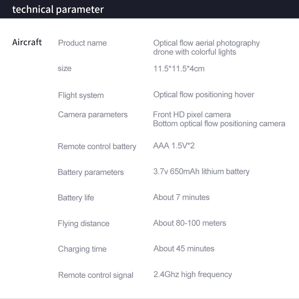 technical parameter aircraft product name optical flow aerial photography drone with colorful lights size