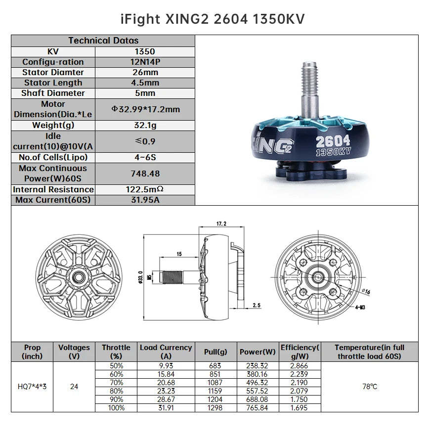 iFlight XING2 2604 1350KV/1650KV 4S-6S FPV Motor, iFight XING2 2604 1350KV Technical Datas KV