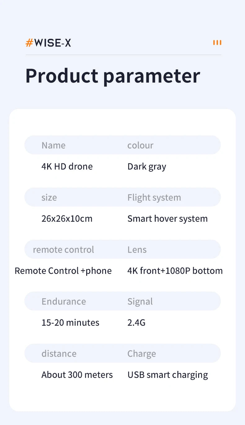 #wise-x product parameter name colour 4k hd drone