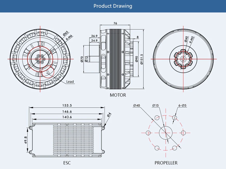 T-motor FLAME 280A HV ESC, Drawing 062 Lead MOTOR 153.5 040 6-05 146 140.6 ESC PRO