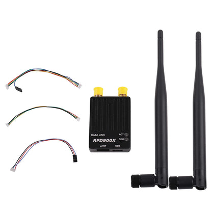 Mayatech  Metal Shell RFD900X, Enables long-range data transmission for drones via RFDio protocol, with UART and USB connectivity.