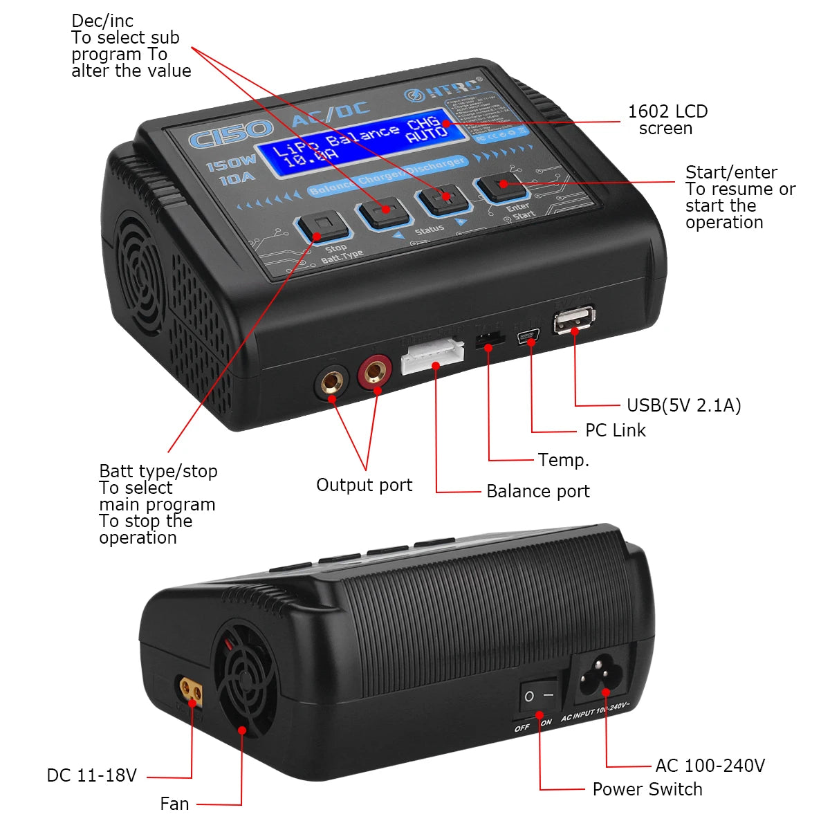 HTRC T240 Duo Lipo Charger, Declinc To select sub program To alter the value 1602 LCD screen e I.