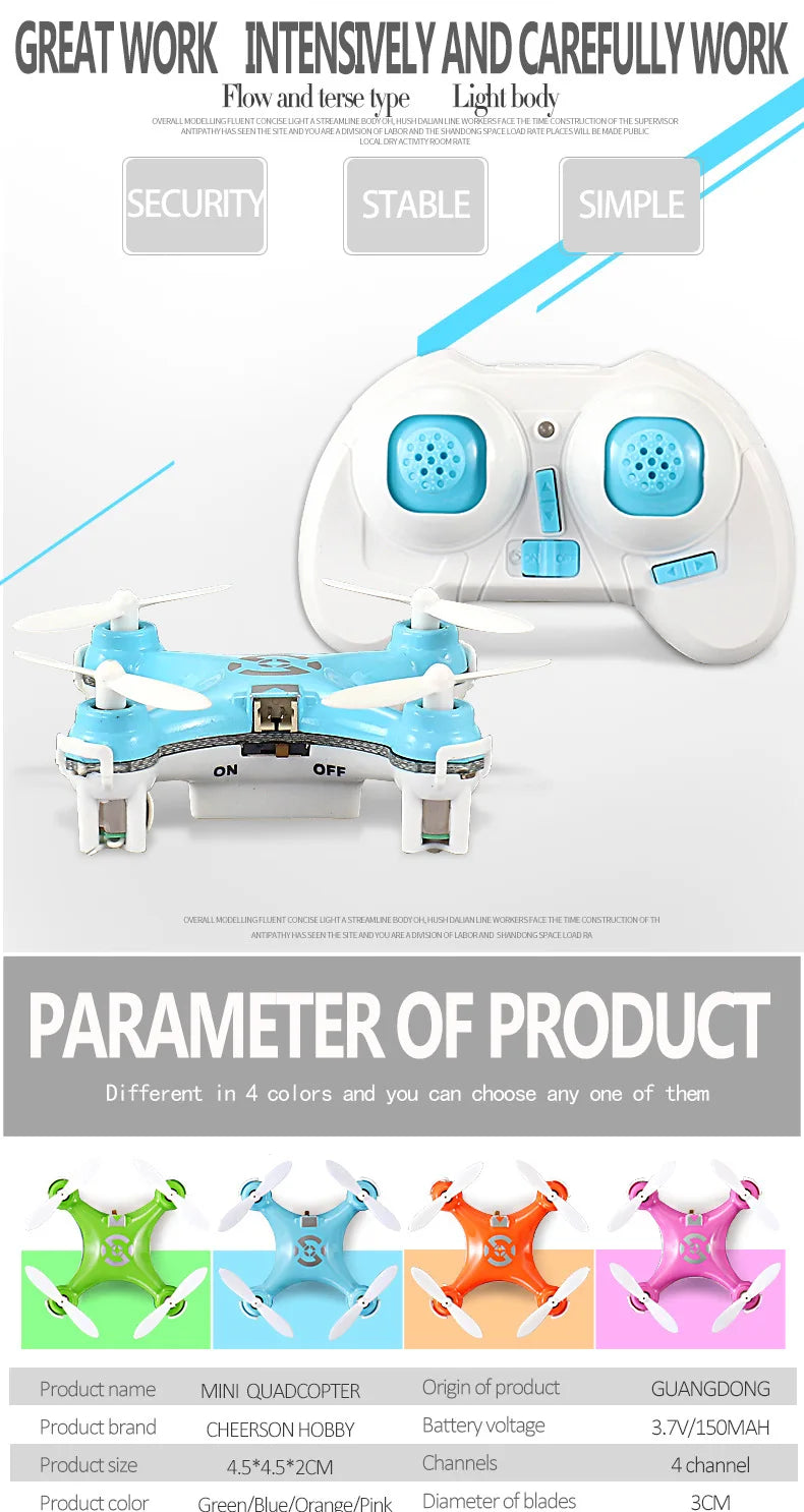 Cheerson CX10 Mini Drone, the mini quadcopter is available in 4 colors you can choose from