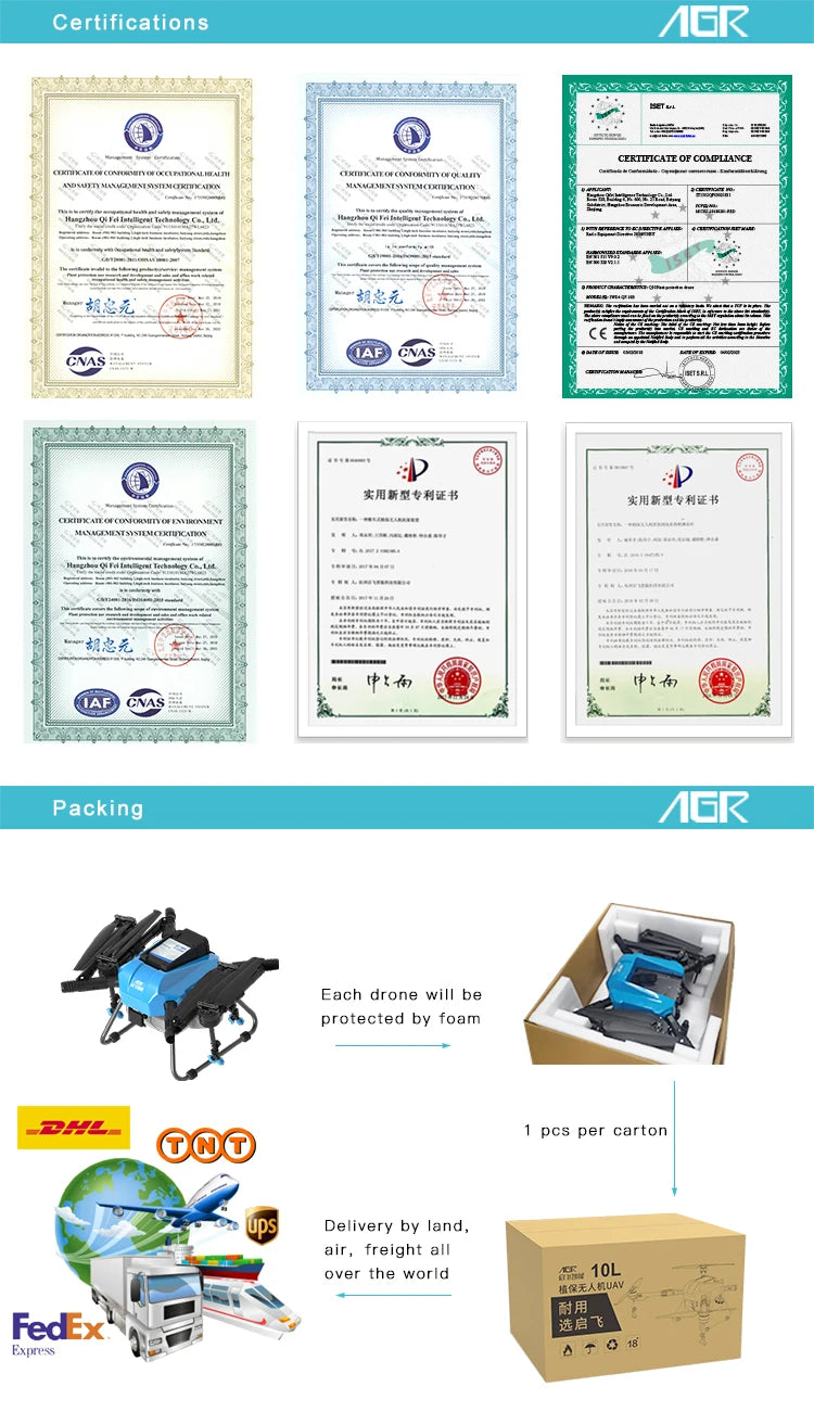 AGR Q10 10L Agriculture Drone 21 AGR Q10 10L Agriculture Drone, each drone will be protected by foam 78L pcs per carton CQC Delivery