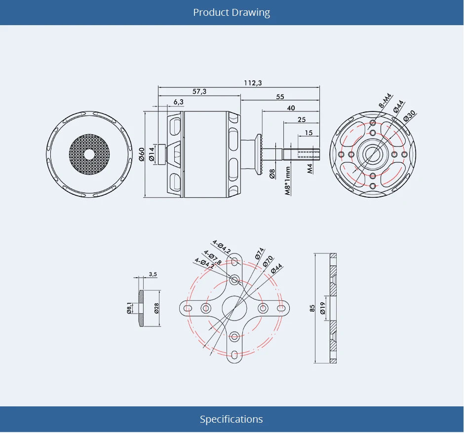 T-motor, Product Drawing 112,3 57,3 1 70 8> Specifications 404