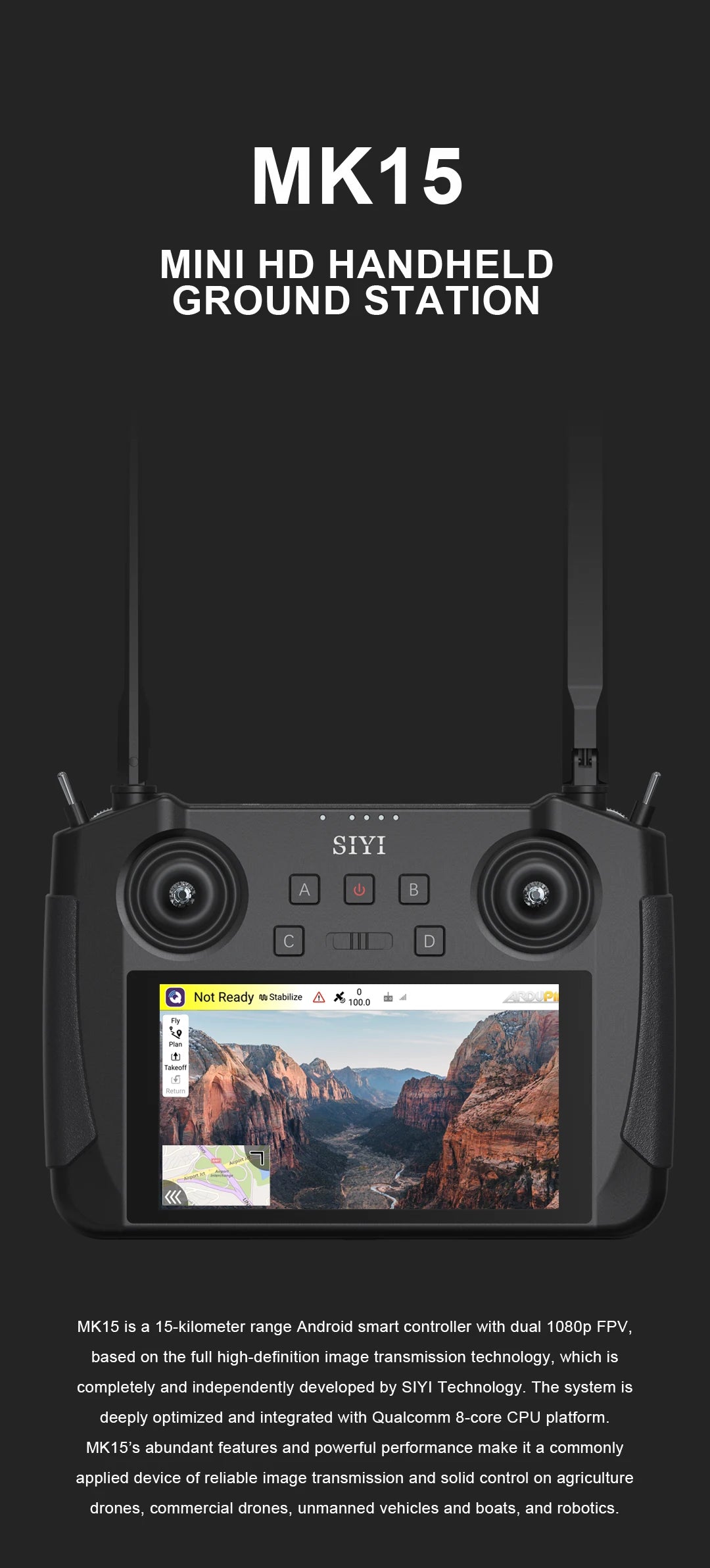 CUAV SIYI MK15 Mini HD Handheld Radio System Transmitter, MK15 is a 15-kilometer range Android smart controller with dual 108Op