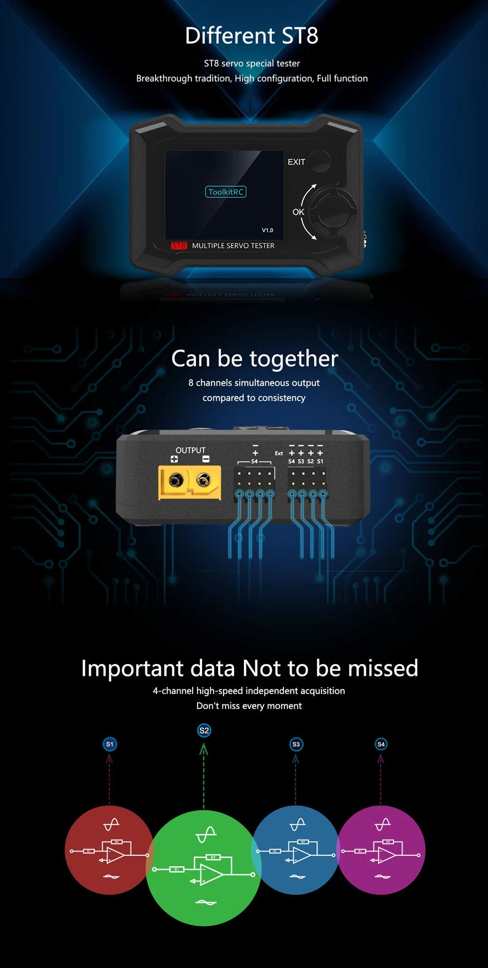 ToolkitRC ST8 - 8CH 100W 2A 7-28V PWM/PPM/SBUS Signal Speed Liner Step Servo Tester W/ 4-Ways Independent Program Signal for Drone Helicopter Airplane 12 ToolkitRC ST8, ST8 servo special tester Breakthrough tradition, High configuration, Full function EXIT