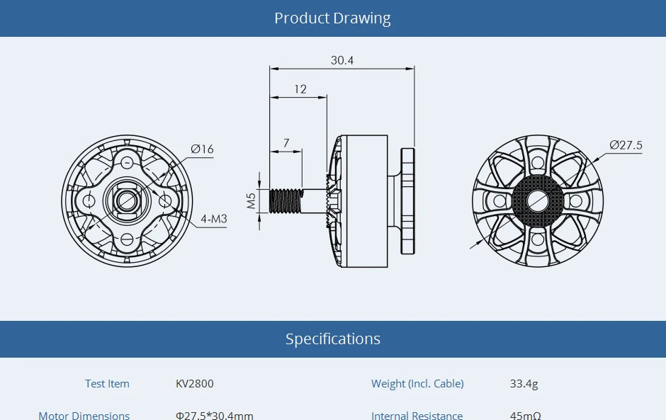 T-motor, Product Drawing 30. 027.5 4-M3 Specifications Test Item Kv2800 Weight