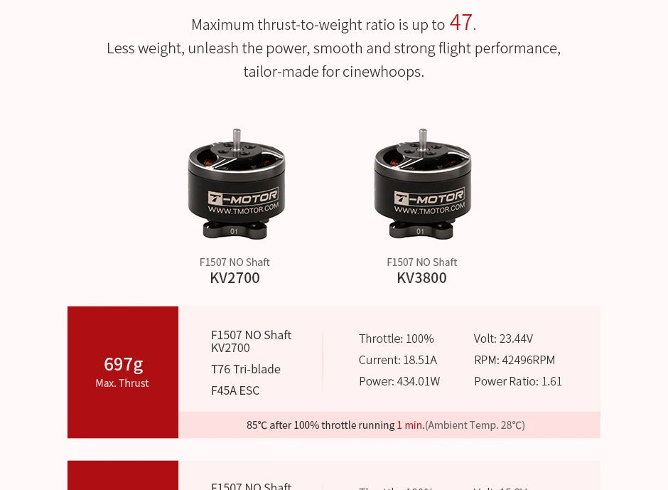 4x T-MOTOR F1507 No Shaft KV2700/KV3800 Brushless Motor For Cinewhoop , 3" prop FPV Drone FPV Freestyle Racing Drone 9 4x T-MOTOR, maximum thrust-to-weight ratio is up to 47. Less weight; unleash the power