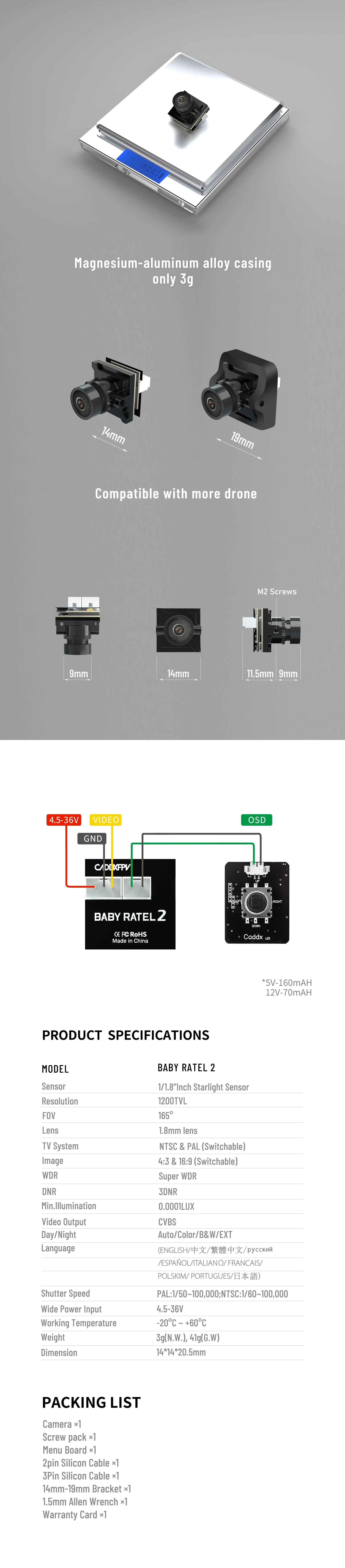 CaddxFPV Baby Ratel 2 nano size starlight low latency day and night freestyle Caddx FPV camera 8 86 Magnesium-aluminum alloy casing only 3g Compatible with