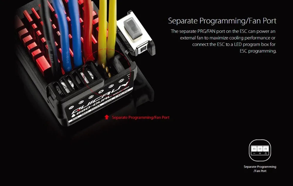 Hobbywing QuicRun 80A ESC, separate PRG/FAN port on the ESC can power an external fan t0