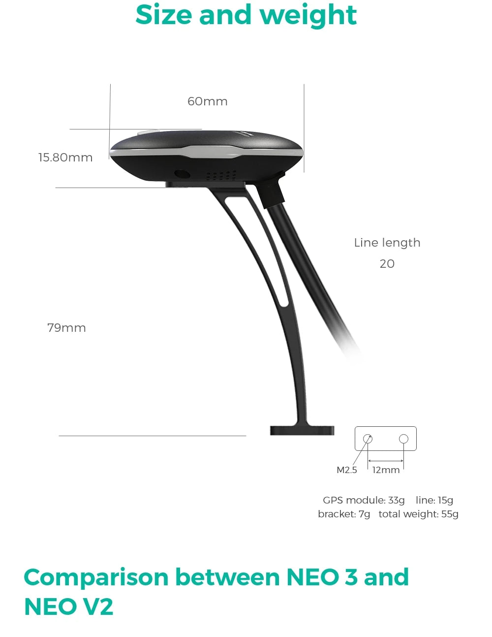 CUAV New NEO 3 U-blox M9N GPS Module - for Pixhawk Compass Support Ardupilot PX4 Open Source UAV Drone GNSS 11 CUAV New NEO 3 U-blox M9N GPS, Size and weight 6Omm 15.8Omm Line length 20 79mm M2.5 12
