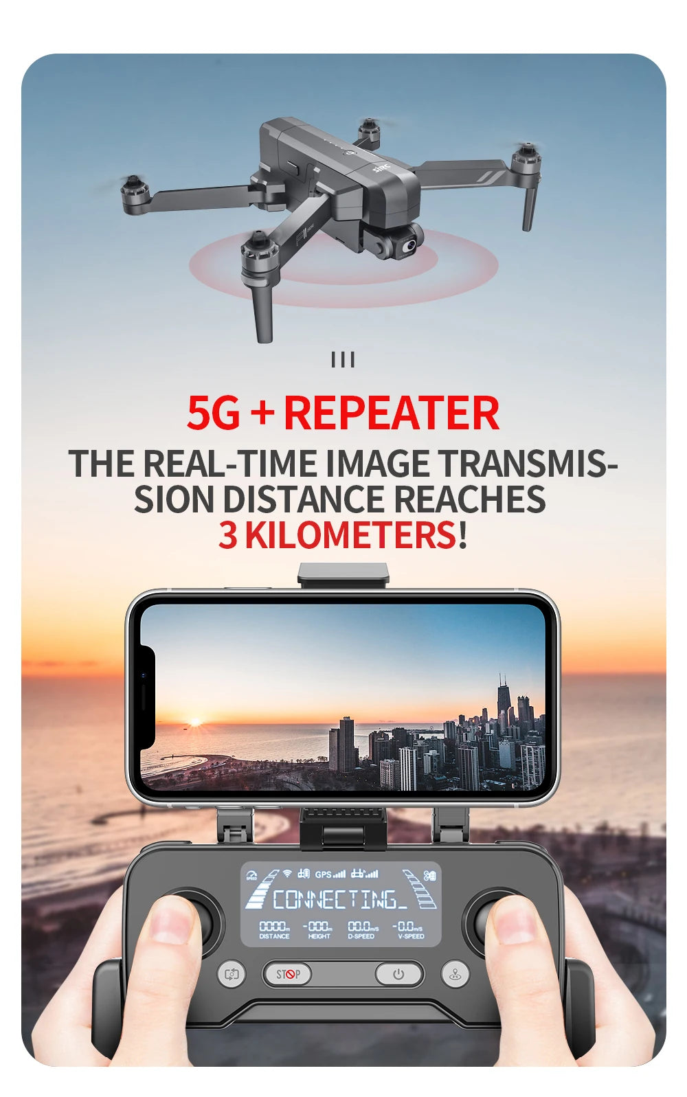 F11S PRO Drone, REAL-TIME IMAGE TRANSMIS- SION DISTANCE REACHES 3