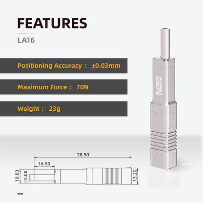 The LA16 micro linear servo delivers 70N force, ±0.03mm accuracy, and weighs 23g.