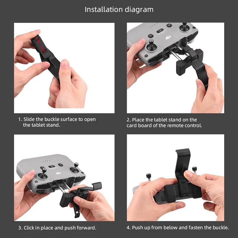 installation diagram 1. Slide the buckle surface to open 2. Place the tablet stand card board of the remote