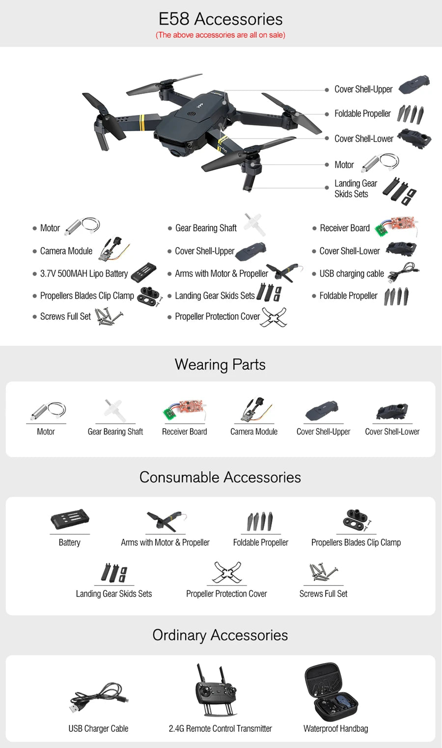 Eachine E58 Drone - Wide Angle HD 1080P/720P/480P Camera WIFI FPV Hight Hold Mode Foldable Arm RC Quadcopter Drone X Pro RTF Dron 34 Eachine E58 Drone, cover shell-lower 3.7v 5o0mah