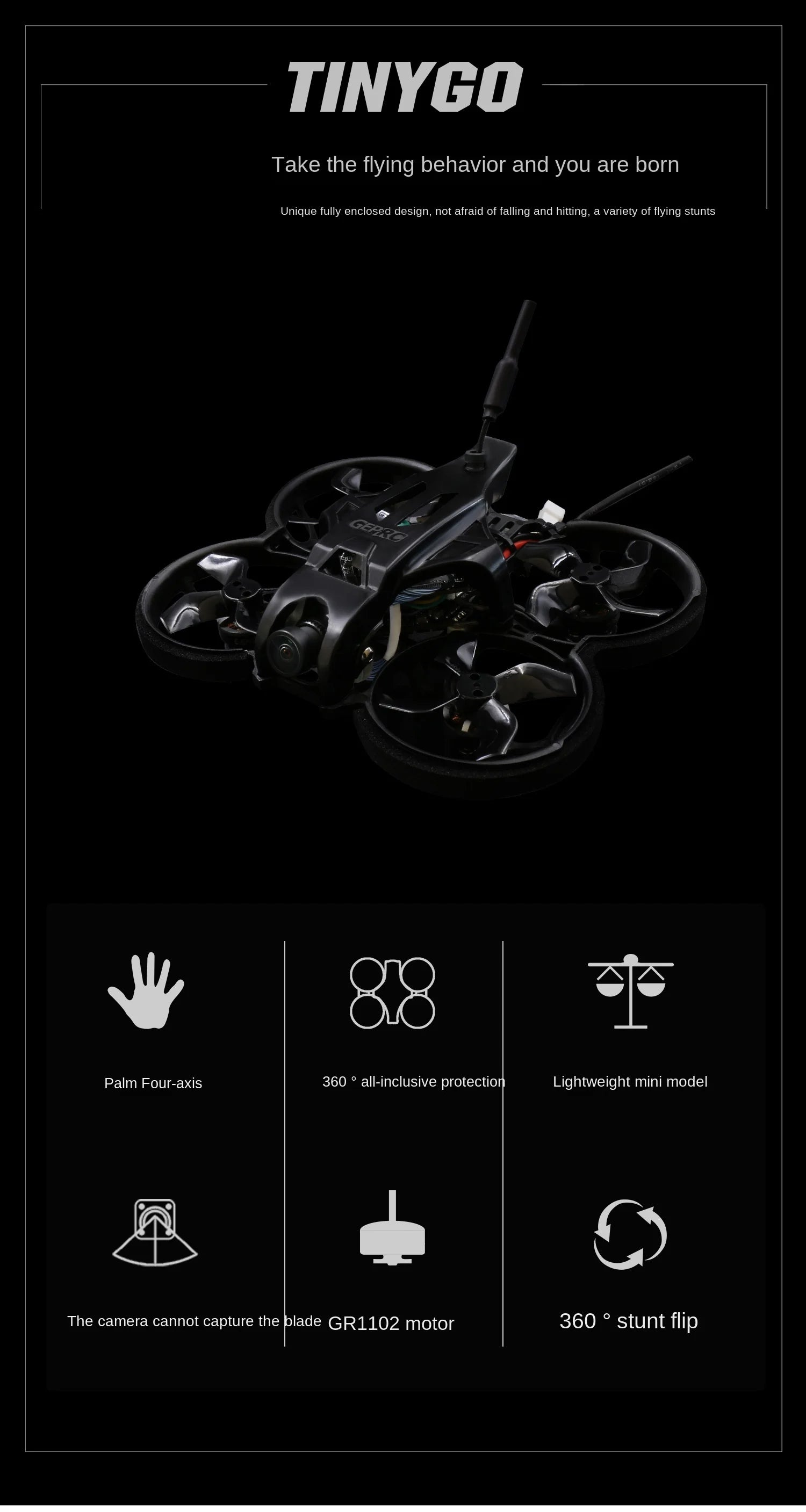 GEPRC TinyGO 4K FPV Whoop RTF - 4.3inch Goggles Mini Indoor Traversing Machine 79mm Drone GR8 Remote Controller 14 GEPRC TinyGO 4K FPV, TINYGO is a fully enclosed design, not afraid of falling and hitting,