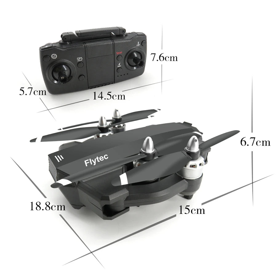 Flytec T15 Drone, 7.6cm 5.7cm 14.Scm 6.7em 18.8e