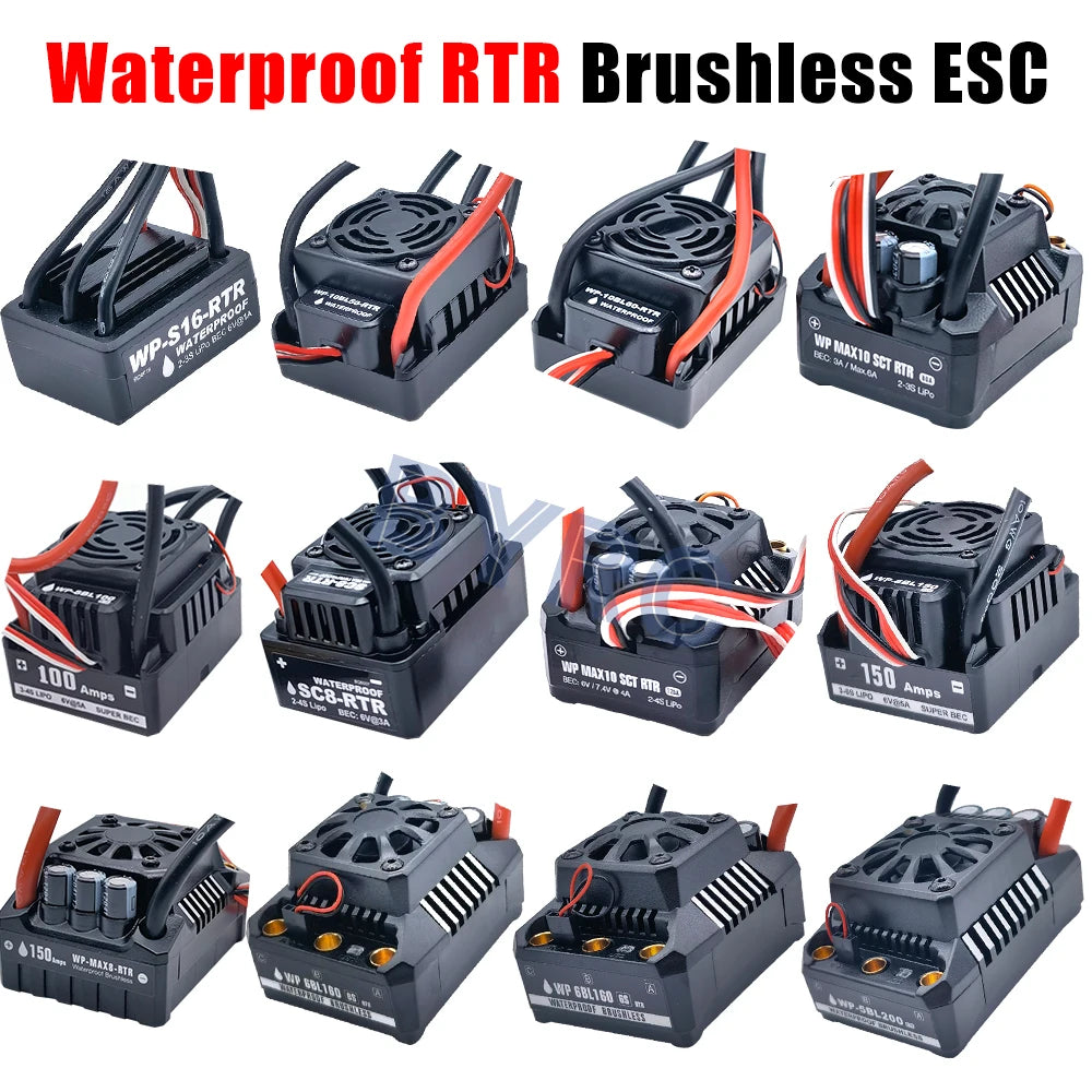 Waterproof brushless ESC for 1/10 to 1/5 scale RC cars with 8 speed modes and durable design.