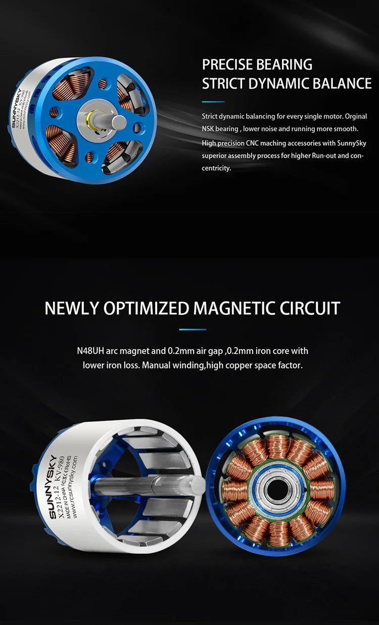 SUNNYSKY X2212-III X2216-III X2220-III 880KV 950KV 980KV 1100KV 1150KV 1250KV 1400KV 2200KV motor for RC models 10 PRECISE BEARING STRICT DYNAMIC BALANCE For every single