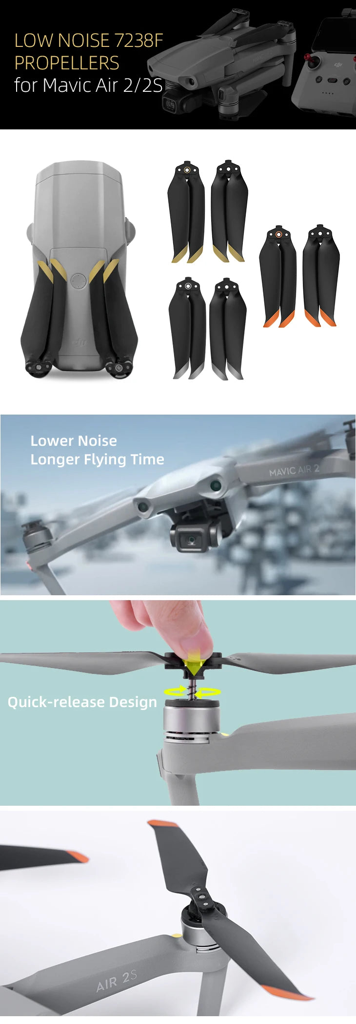 4 pairs 7238 Low Noise Props 7238F Propellers For DJI Mavic Air 2/DJI AIR 2S Drone Accessories 16 LOW NOISE 7238F PROPELLERS for Mavic Air 2/25 Lower