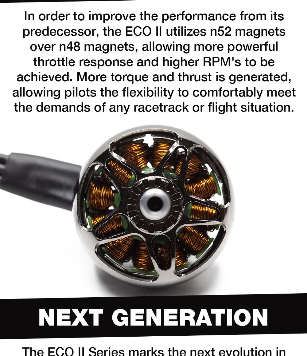 Emax Official ECO II 2207 Motor. ECO Il utilizes n52 magnets over n48 magnets. allowing