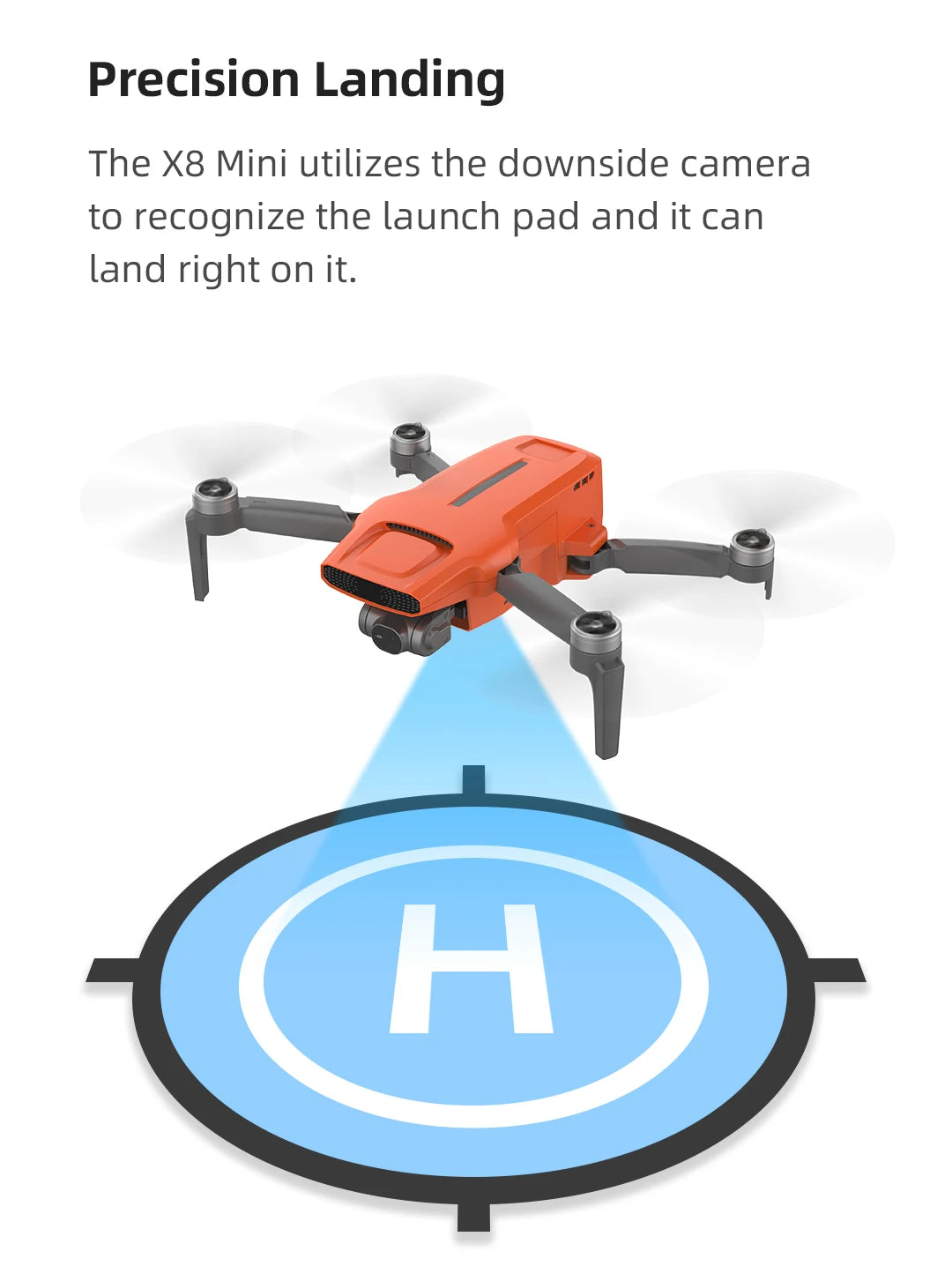 FIMI X8 Mini Drone, the X8 Mini utilizes the downside camera to recognize the launch pad . it can
