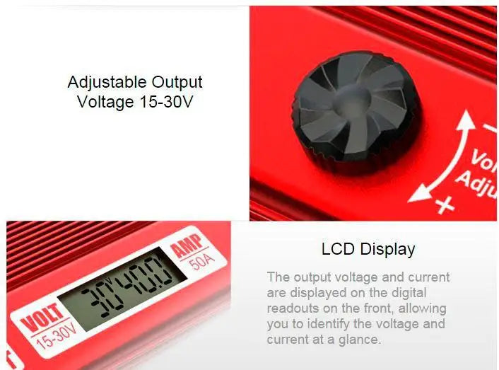 digital readouts on the front display the output voltage and current at a glance .