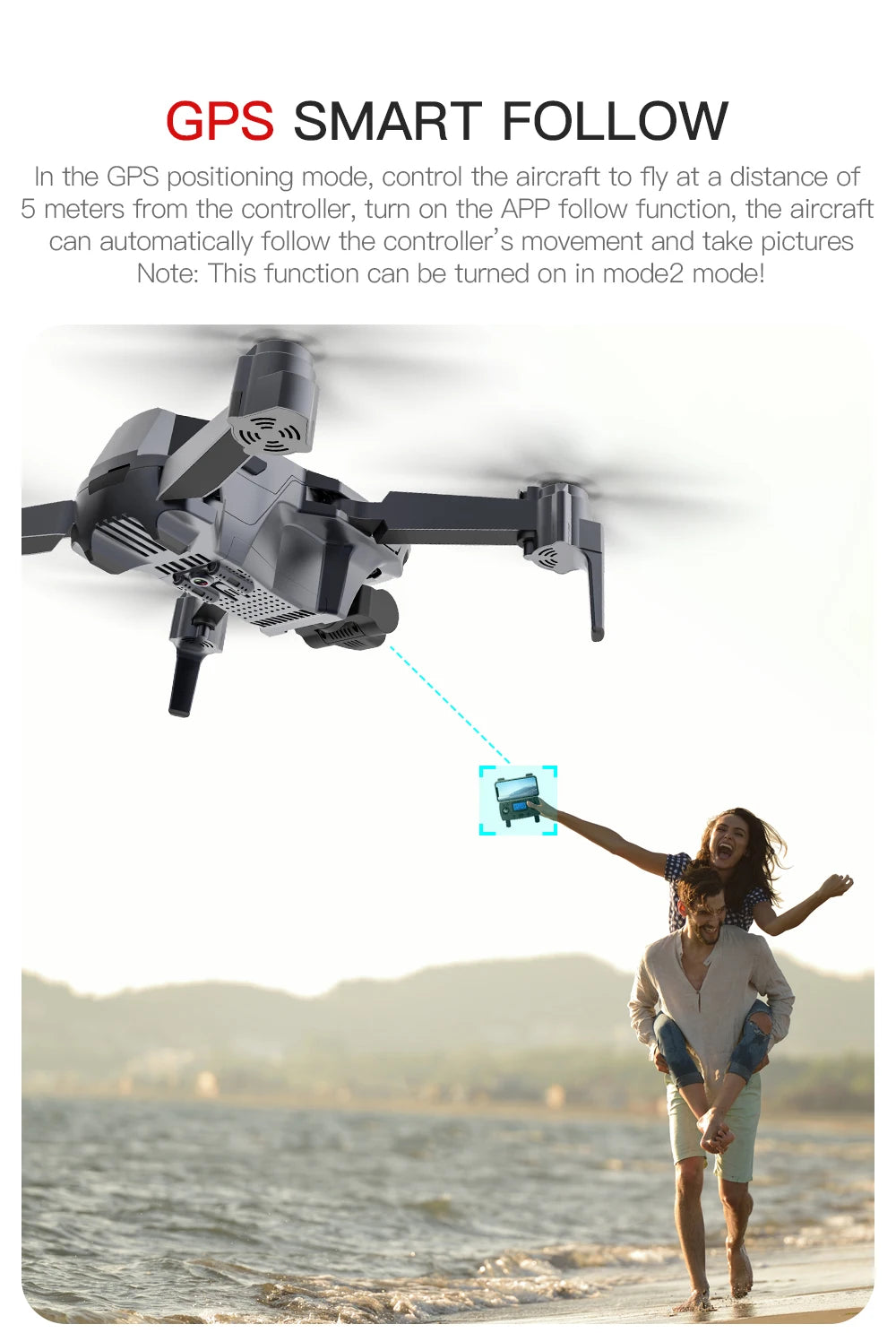 SG907 MAX Drone, turn on the APP follow function; the aircraft can automatically follow the controller's movement 