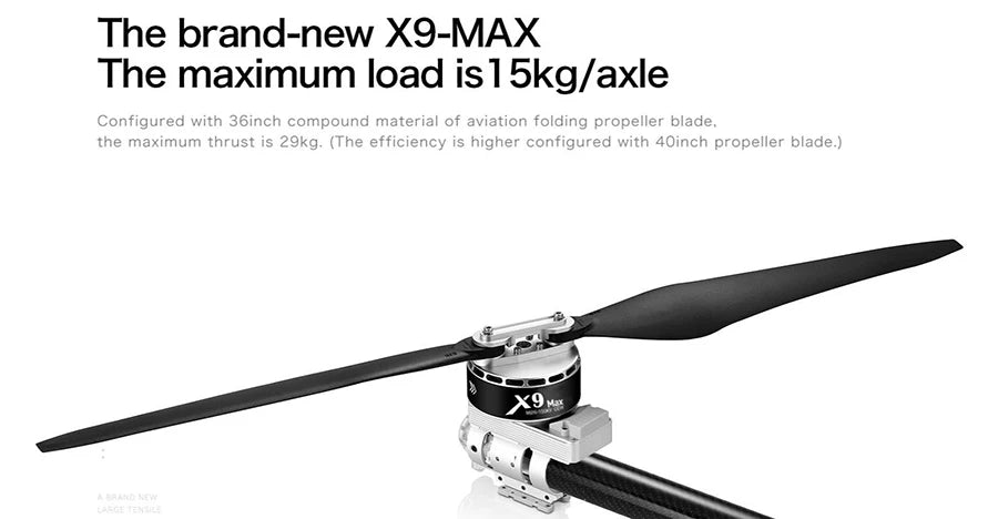 Hobbywing X9 MAX Power system - 9626 100KV motor. Hobbywing X9 MAX Power system. maximum load is Skg/axle Configured with 36inch compound material of aviation