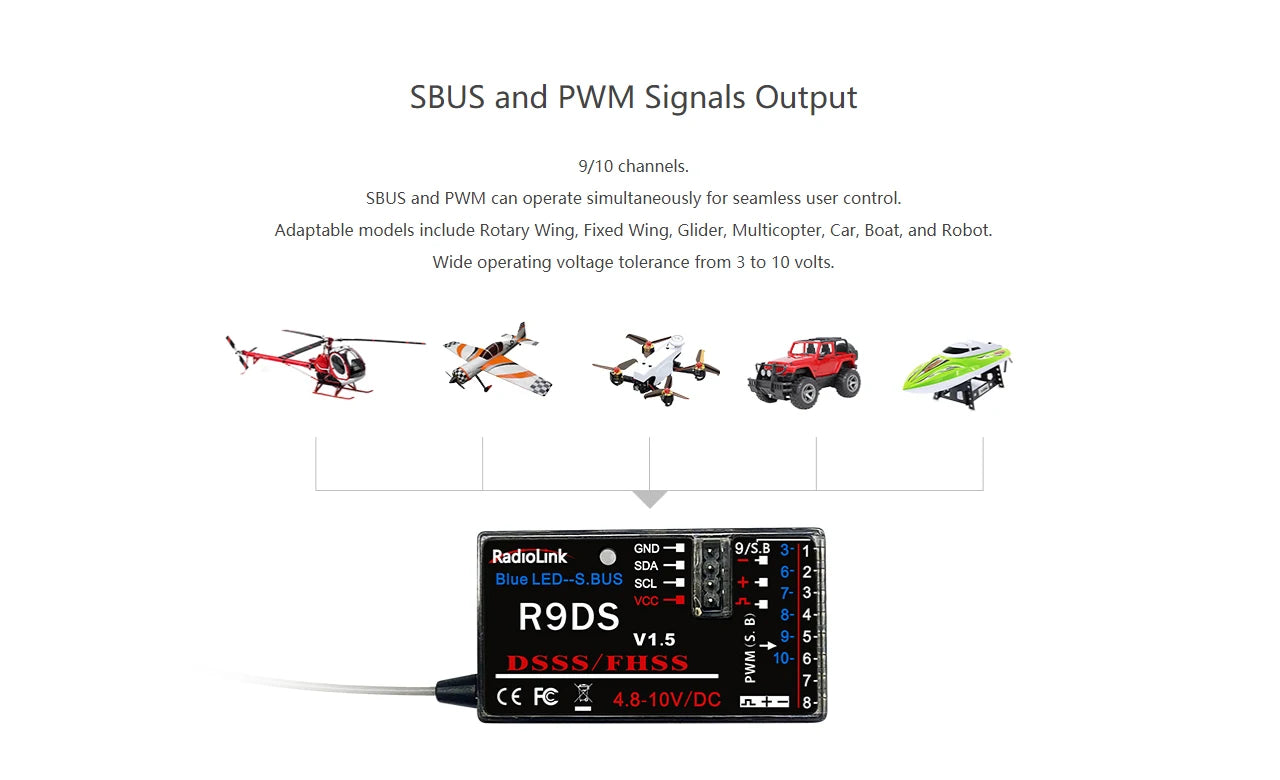 Radiolink mini osd R12DSM R9DS R8FM R8EF R8FM R6DSM R6FG R8SM R7FG SUI04 Rc Receiver 2.4G Signal for RC Transmitter 46 Adaptable models include Wing; Fixed Wing; Glider; Multicopter; Car