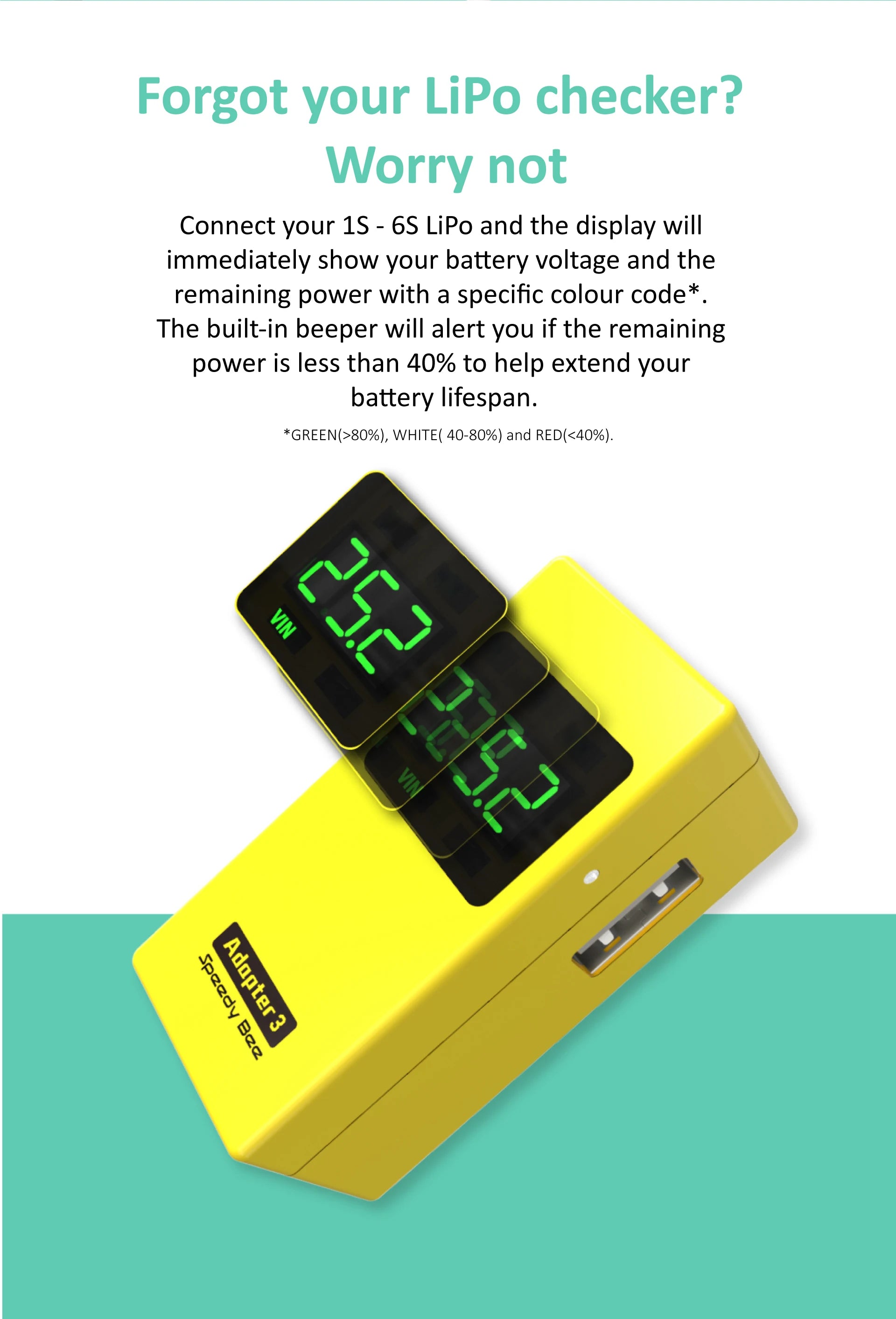 SpeedyBee Adapter, built-in beeper will alert you if the remaining power is less than 40% to