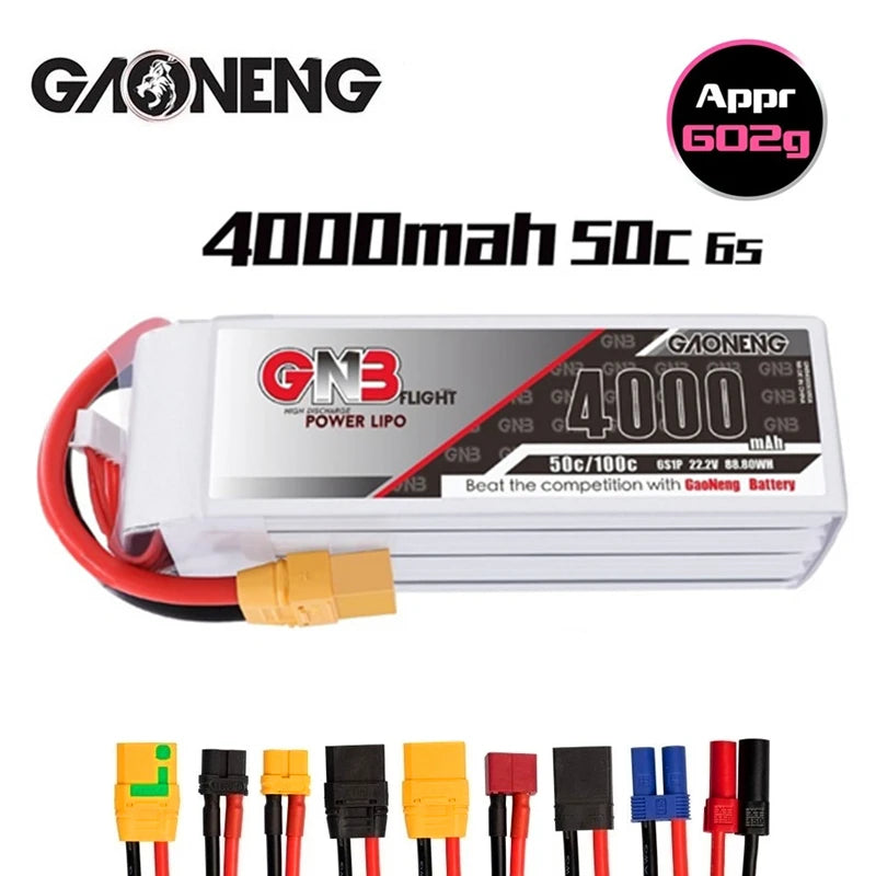 Gaoneng GNB 6S 22.2V 4000mAh 100C HV Lipo Battery, High-performance Lipo battery for FPV drones, compatible with XT60/XT90 connectors.