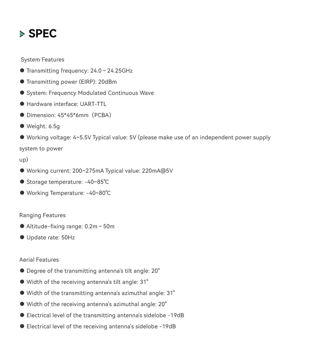 SPEC System Features 24.0 24.25GHz Transmitting power (EIRP)