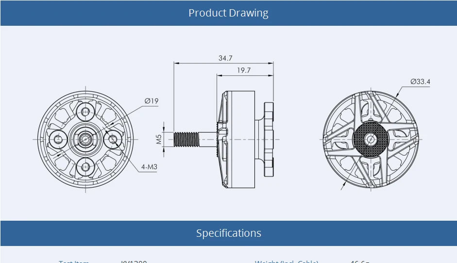 4PCS T-motor, Product Drawing 34.7 9.7 4-M3 Specific