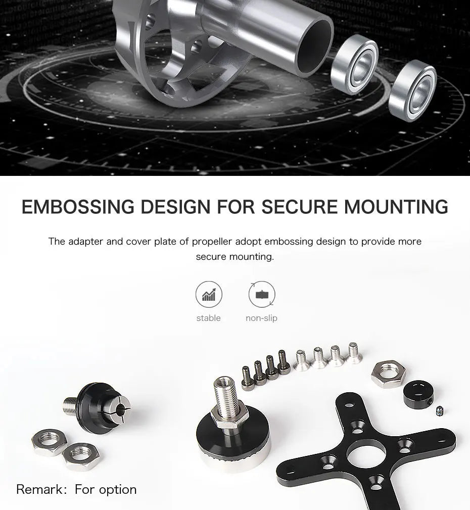 T-MOTOR, 0. EMBOSSING DESIGN FOR SECURE MOUNTING The adapter cover plate of