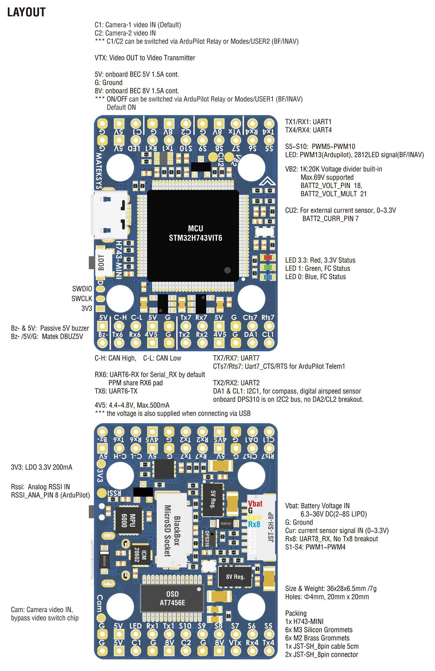Matek System H743 / MINI H743 Flight Controller - STM32H743VIT6 ICM20602 Built-in OSD DPS310 PDB for FPV RC Racing Drone Parts 7 Matek System H743 / MINI H743 Flight Controller, C1 can be switched via ArduPilot Relay or Modes/USER