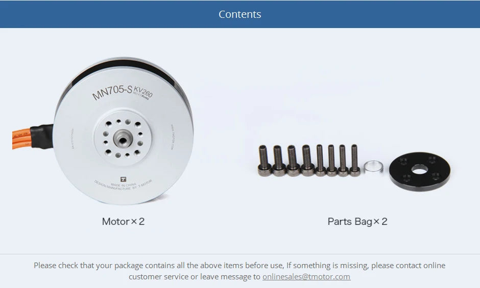 2Pcs/Set T-motor, check that your package contains all the above items before use . if something is missing,