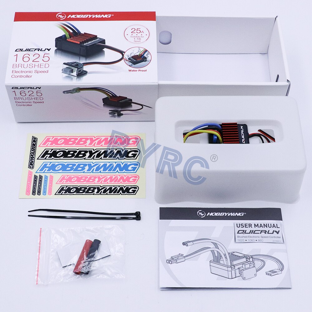 Hobbywing QuicRun 1625 25A Brushed ESC for 1/16 and 1/18 scale brushed motors with user manual.