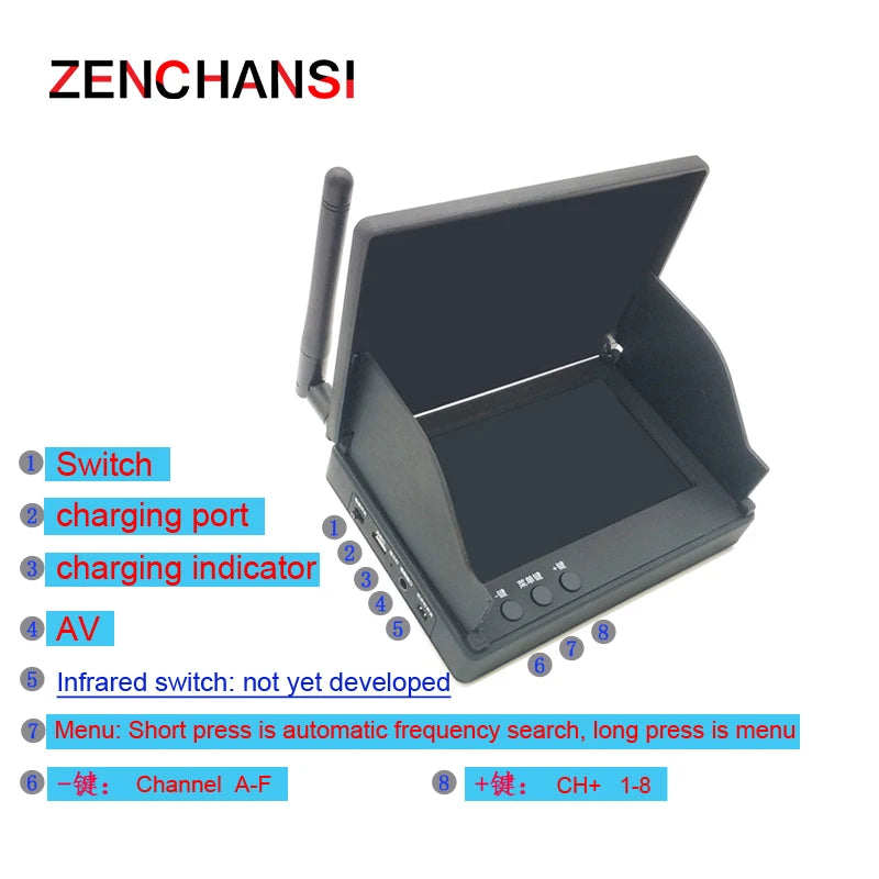 RXCRC 5.8G 48CH 1.6w VTX, ZENCHANSI Switch charging port charging indicator AV Infrared switch: not