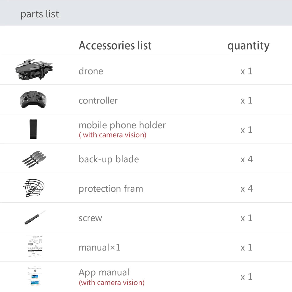 LSRC Mini Drone, parts list quantity drone x 1 controller x1 mobile phone