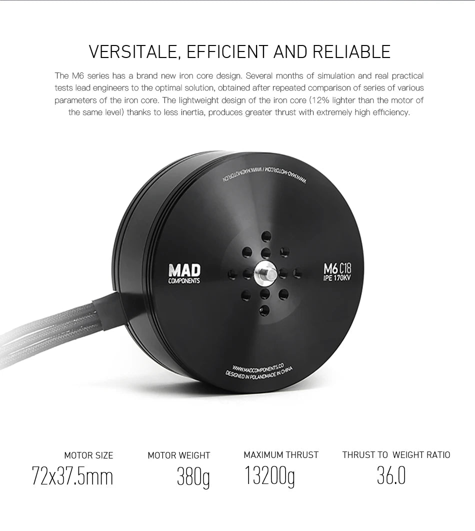 MAD M6C18 Drone Motor, Reliable drone motor with innovative design for RC aircraft and multi-copters, optimized for efficiency and thrust.