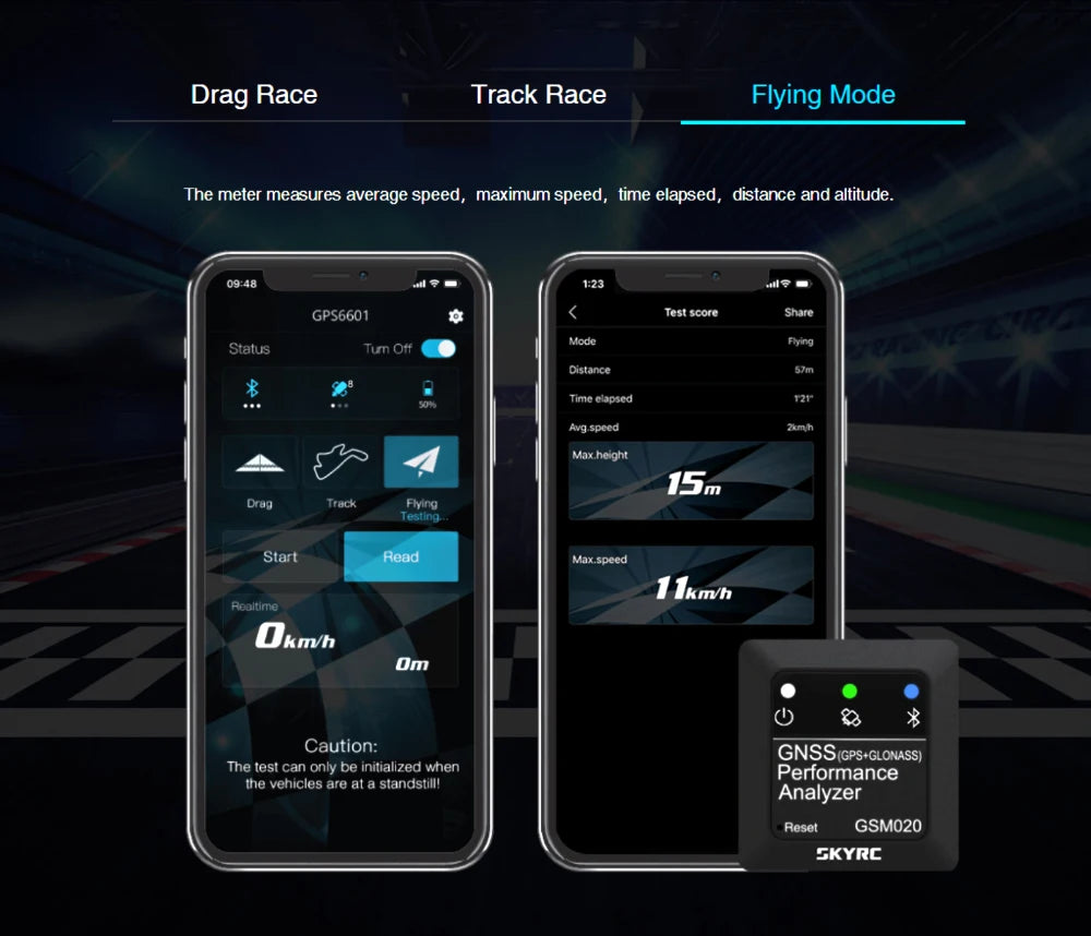 SKYRC GSM020 GNSS Performance Analyzer, Drag Race Track Race Flying Mode The meter measures average speed, maximum speed , time