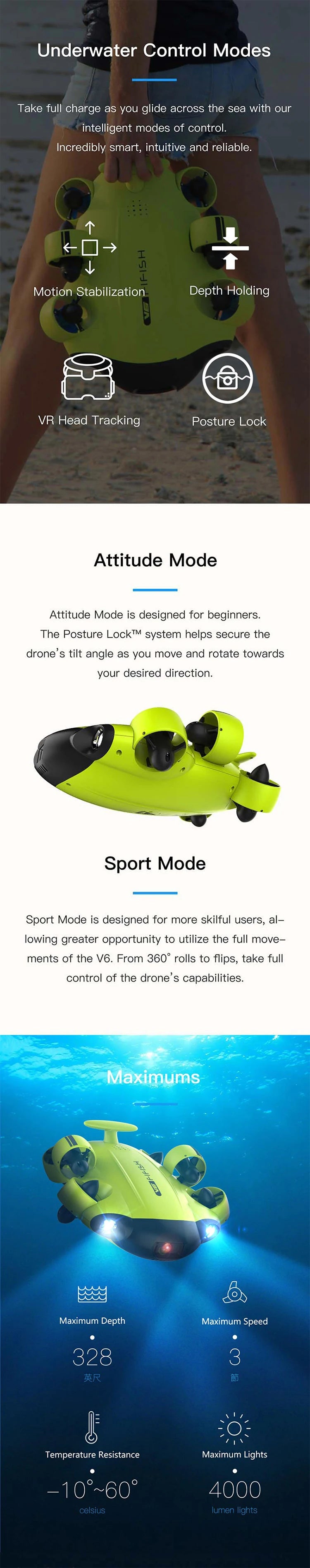Fifish V6 - professional Underwater Drone, Fifish V6, underwater control modes take full charge as you glide across the sea with our intelligent modes of control