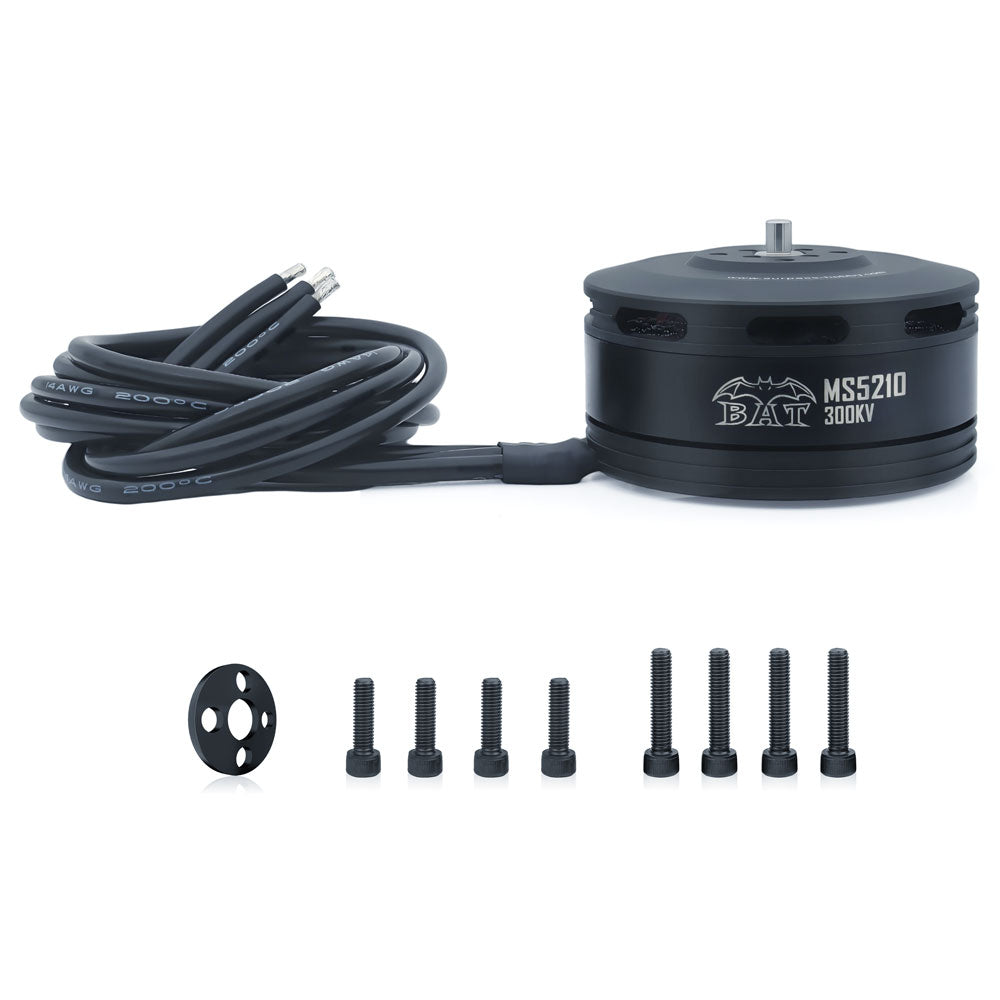 MS5210 300KV motor kit with lead wires, mounting screws, and adapter plate, side view