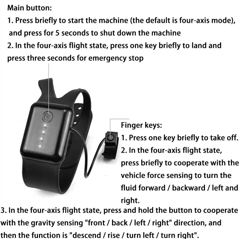 default is four-axis flight mode, and press for 5 seconds to shut down the machine